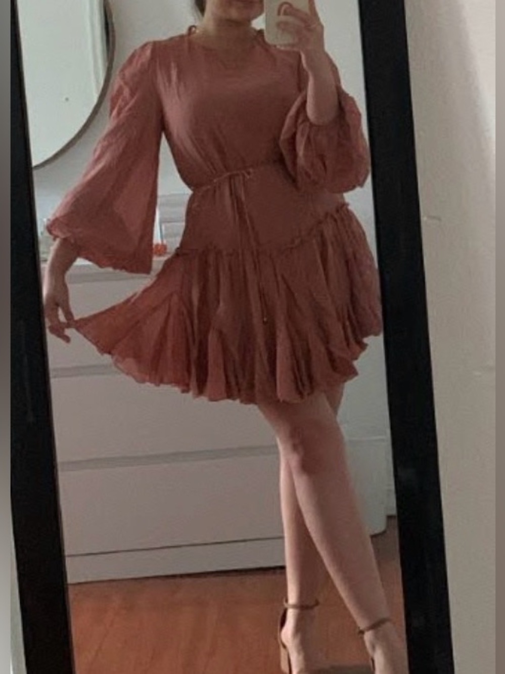 Selfie Leslie Rust Ruffle-Waist Long Sleeve Mini Dress